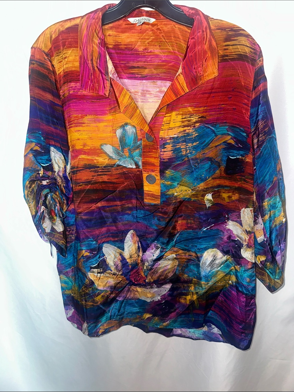John Mark Multicolor Floral Stripe V-Neck Tunic — Red, Blue, Purple, Orange